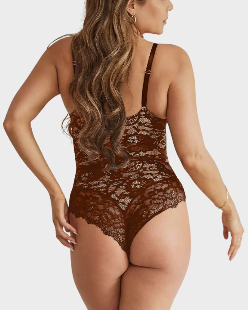 Elegant Deep V Lace Sculpting Thong Bodysuit for Women - Sexy Shapewear