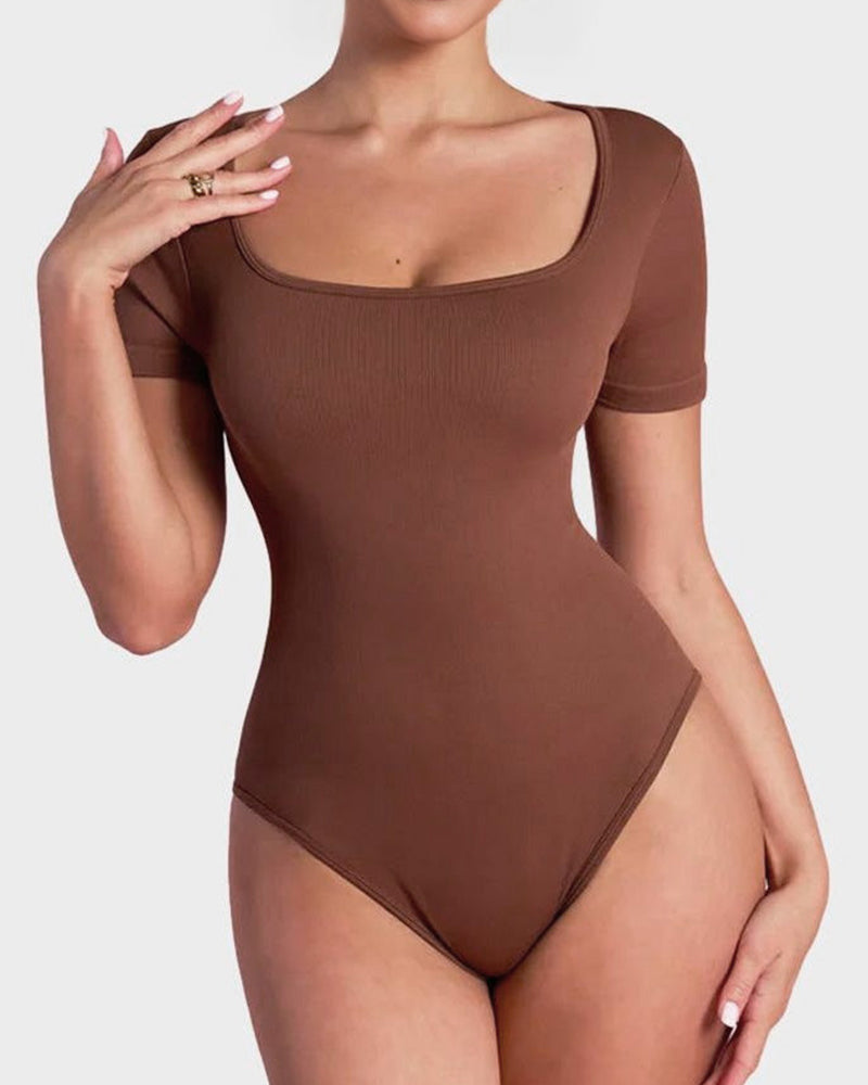 Seamless Square Neck Thong Bodysuit for Women - Tummy Control Shapewear