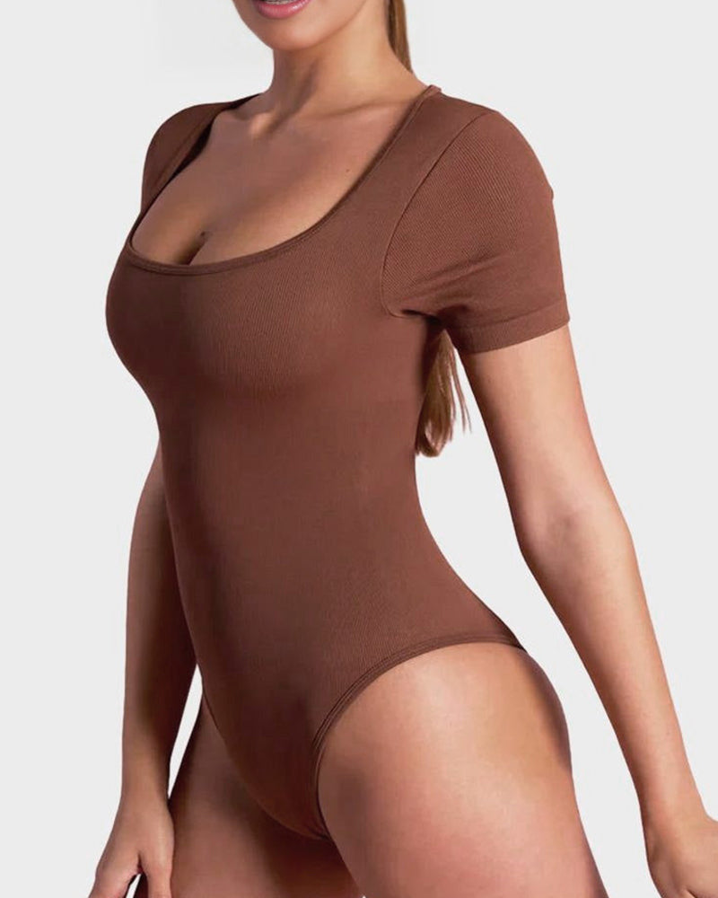 Seamless Square Neck Thong Bodysuit for Women - Tummy Control Shapewear