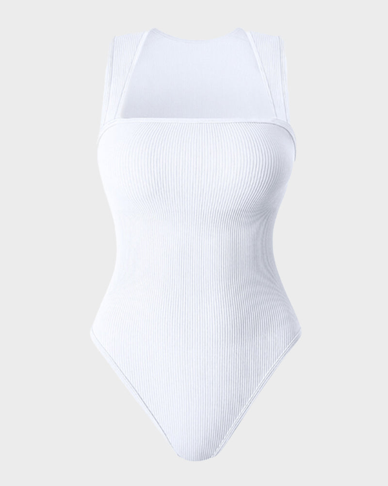 Chic Ribbed Square Neck Sleeveless Tummy Control Tank Bodysuit for Women