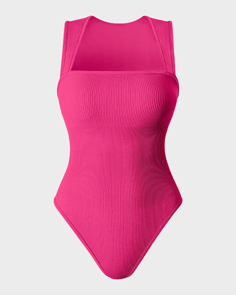 Chic Ribbed Square Neck Sleeveless Tummy Control Tank Bodysuit for Women