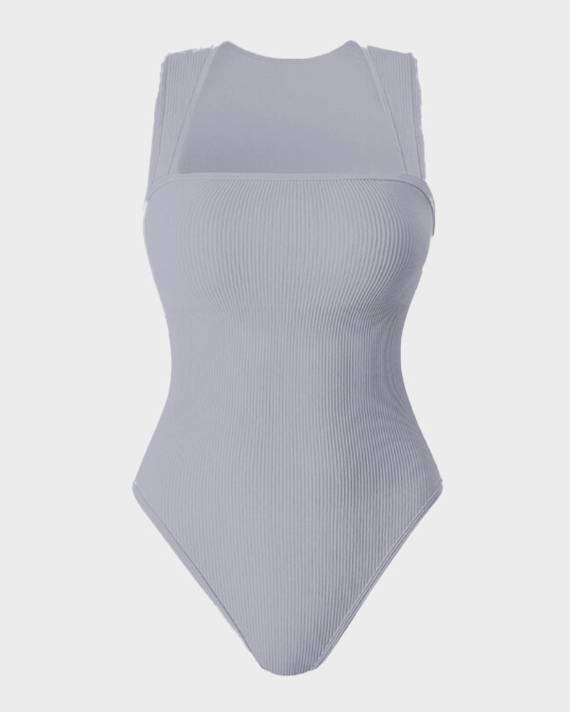 Chic Ribbed Square Neck Sleeveless Tummy Control Tank Bodysuit for Women