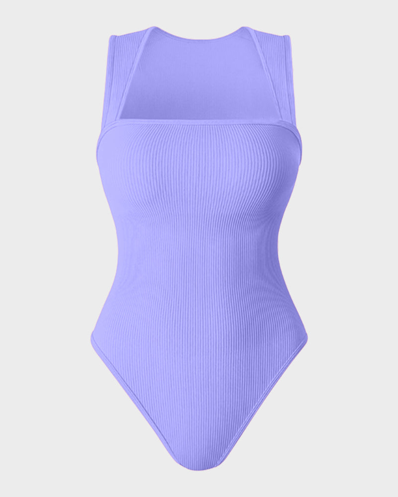 Chic Ribbed Square Neck Sleeveless Tummy Control Tank Bodysuit for Women