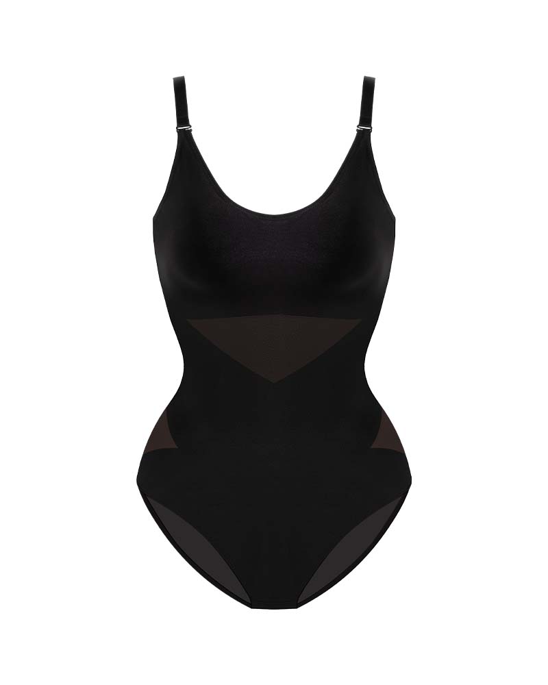 Flattering Criss-Cross Mesh Sculpting Bodysuit - Seamless Tummy Control Shapewear