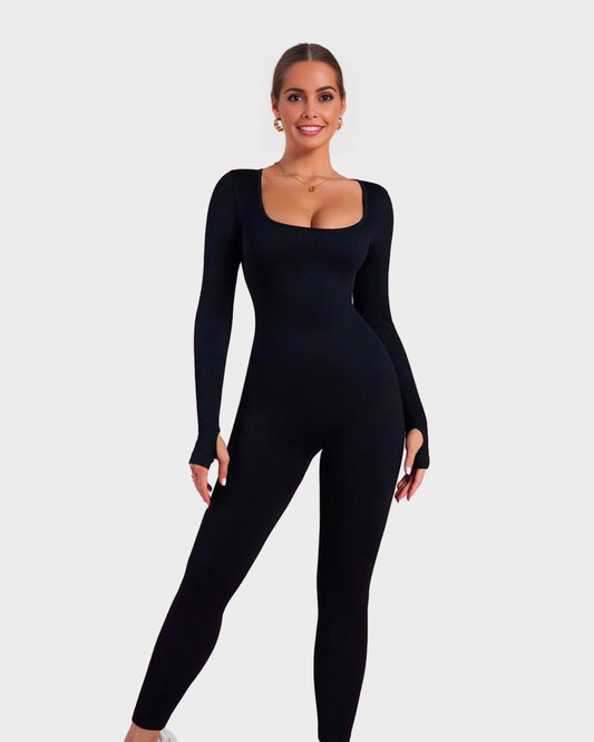 Chic Long Sleeve Square Neck Full Body Shaper Jumpsuit Smooths Curves