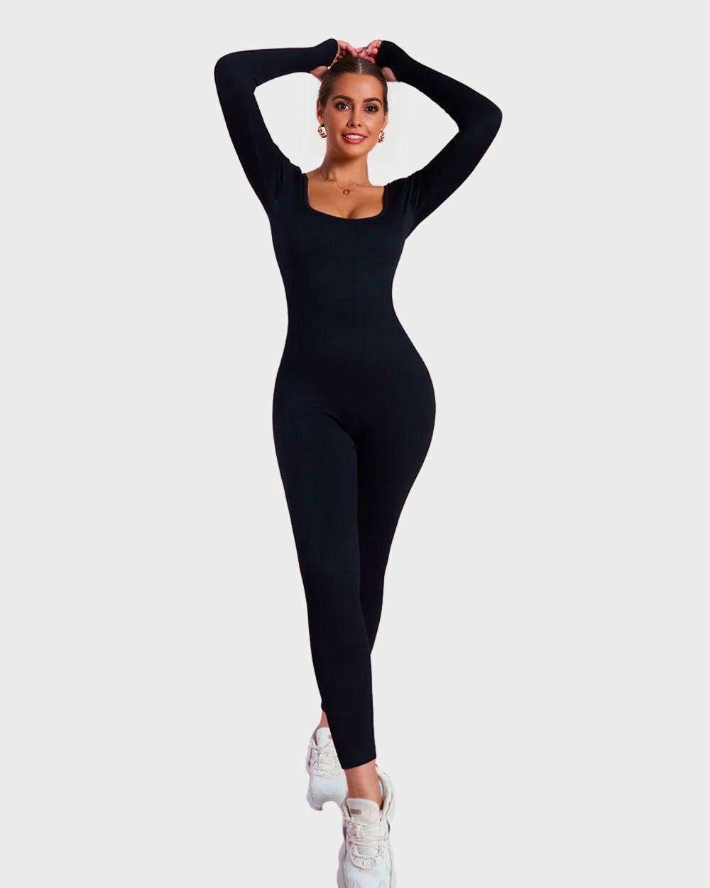 Chic Long Sleeve Square Neck Full Body Shaper Jumpsuit Smooths Curves
