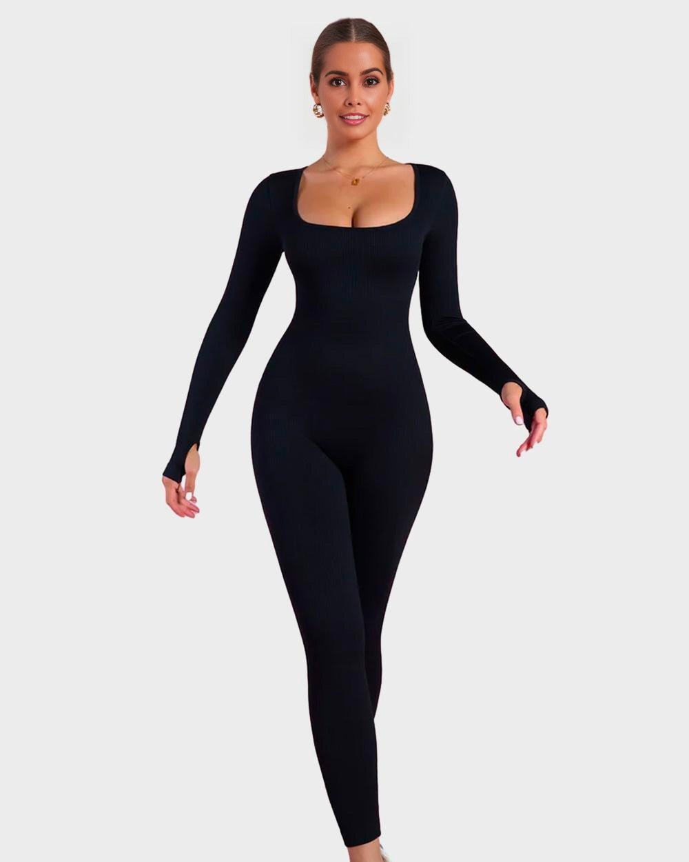 Chic Long Sleeve Square Neck Full Body Shaper Jumpsuit Smooths Curves