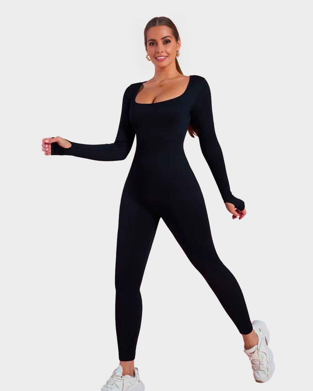 Chic Long Sleeve Square Neck Full Body Shaper Jumpsuit Smooths Curves