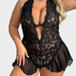 Sultry Floral Lace Halter Teddy Lingerie with Sheer Skirt & Open Crotch