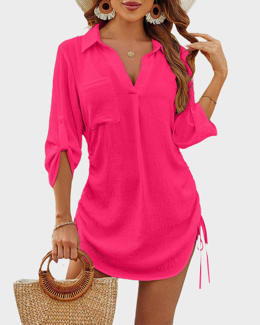 Flowy Drawstring Beach Cover-Up Dress Shirt - Lightweight Summer Swimwear