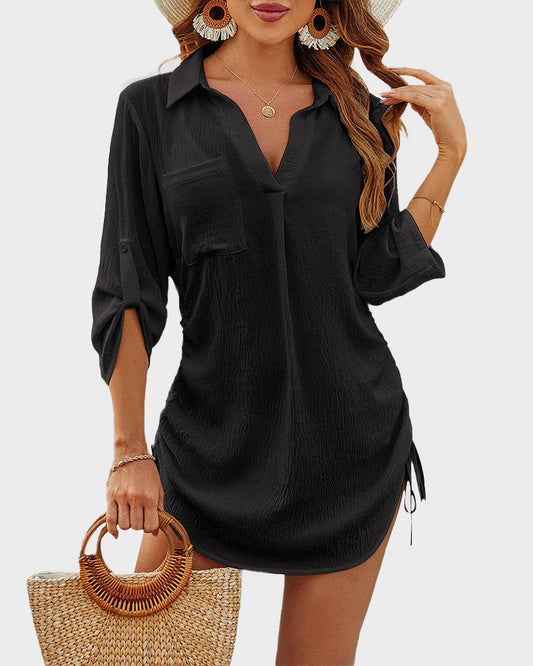 Flowy Drawstring Beach Cover-Up Dress Shirt - Lightweight Summer Swimwear