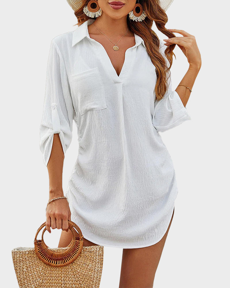 Flowy Drawstring Beach Cover-Up Dress Shirt - Lightweight Summer Swimwear