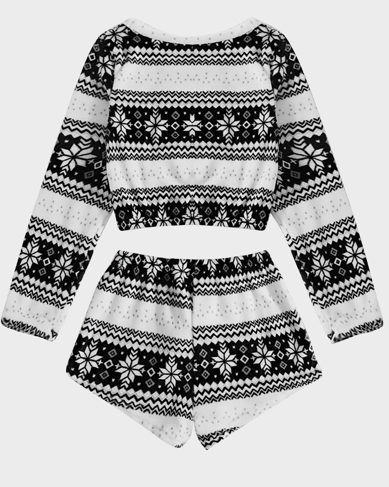 Cozy Festive Coral Fleece Long Sleeve Top & Shorts Set for Holiday Lounging