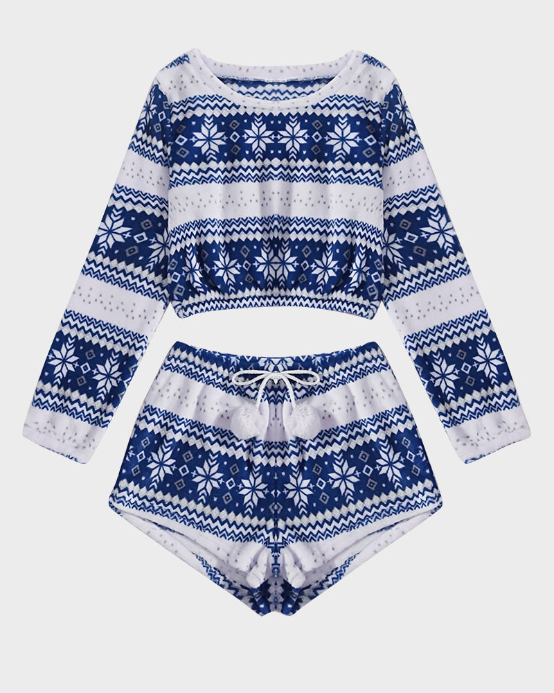 Cozy Festive Coral Fleece Long Sleeve Top & Shorts Set for Holiday Lounging