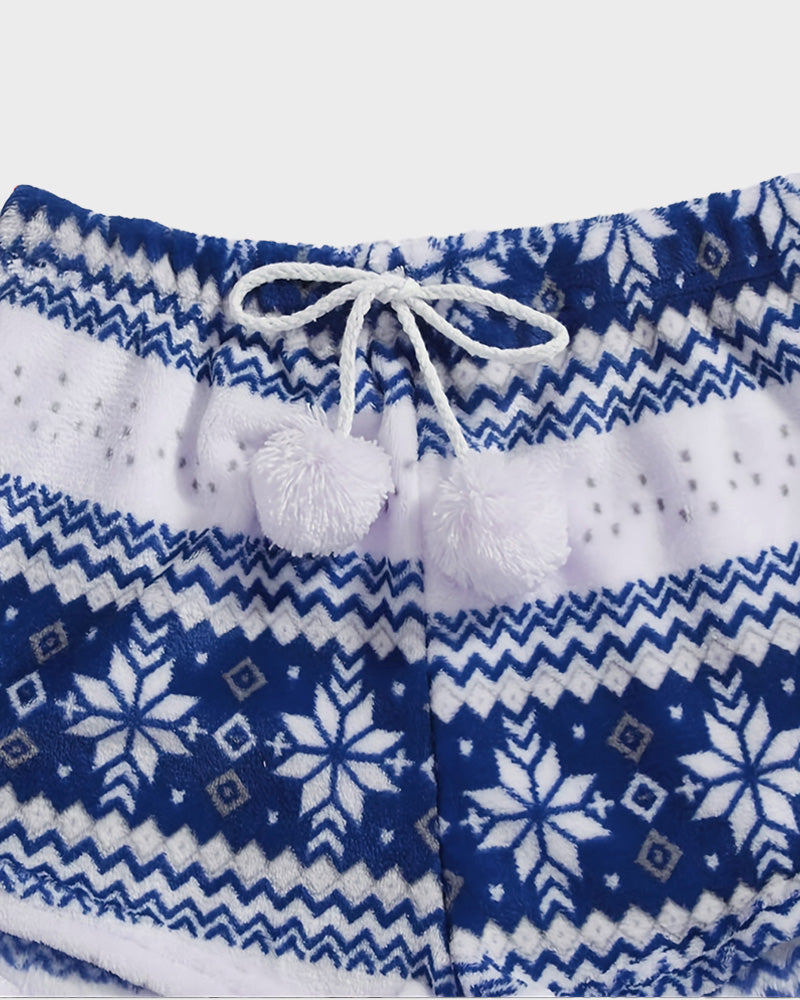 Cozy Festive Coral Fleece Long Sleeve Top & Shorts Set for Holiday Lounging