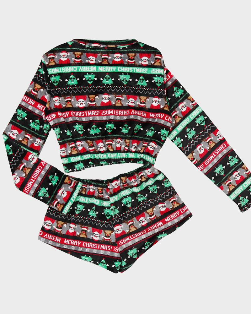 Cozy Festive Coral Fleece Long Sleeve Top & Shorts Set for Holiday Lounging