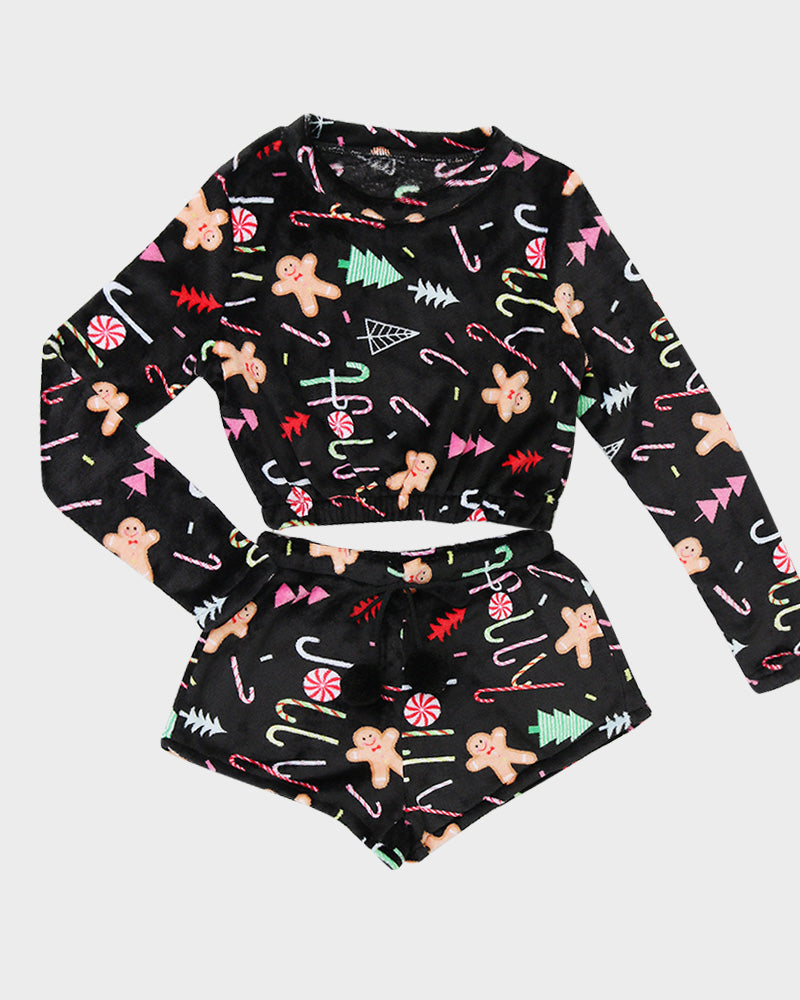 Cozy Festive Coral Fleece Long Sleeve Top & Shorts Set for Holiday Lounging