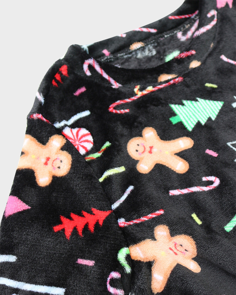 Cozy Festive Coral Fleece Long Sleeve Top & Shorts Set for Holiday Lounging