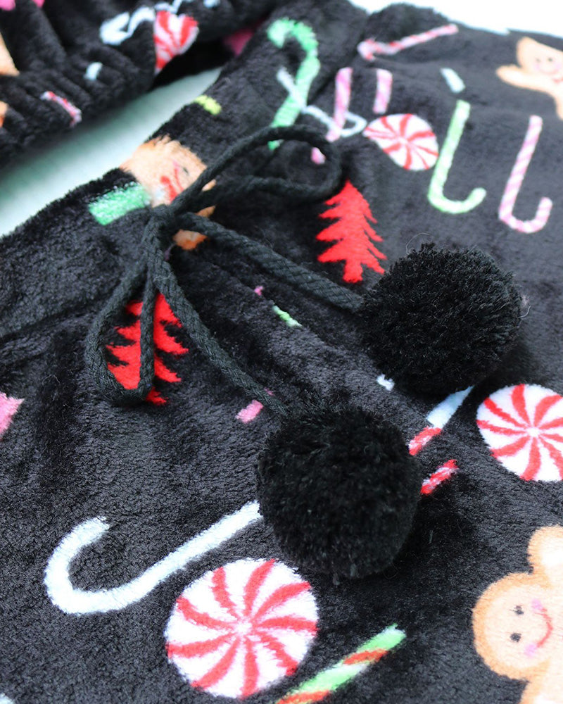 Cozy Festive Coral Fleece Long Sleeve Top & Shorts Set for Holiday Lounging