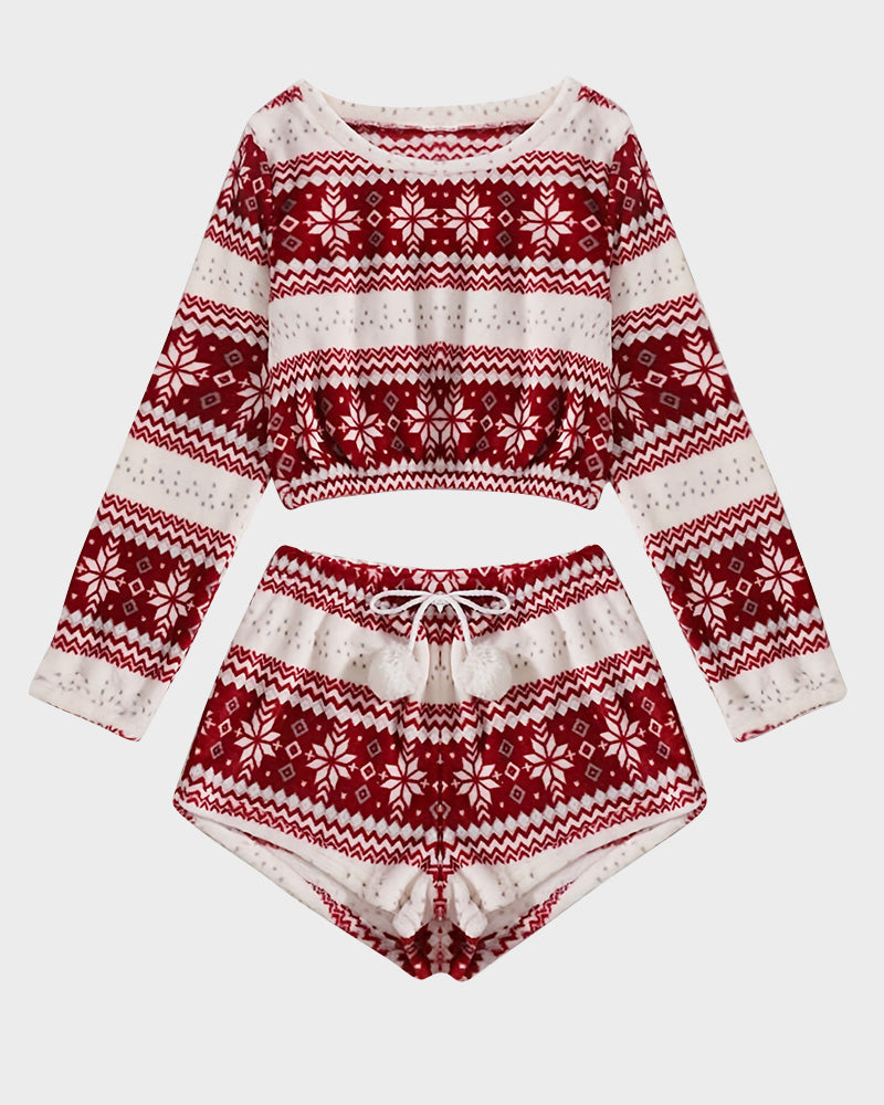 Cozy Festive Coral Fleece Long Sleeve Top & Shorts Set for Holiday Lounging