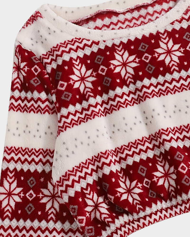 Cozy Festive Coral Fleece Long Sleeve Top & Shorts Set for Holiday Lounging