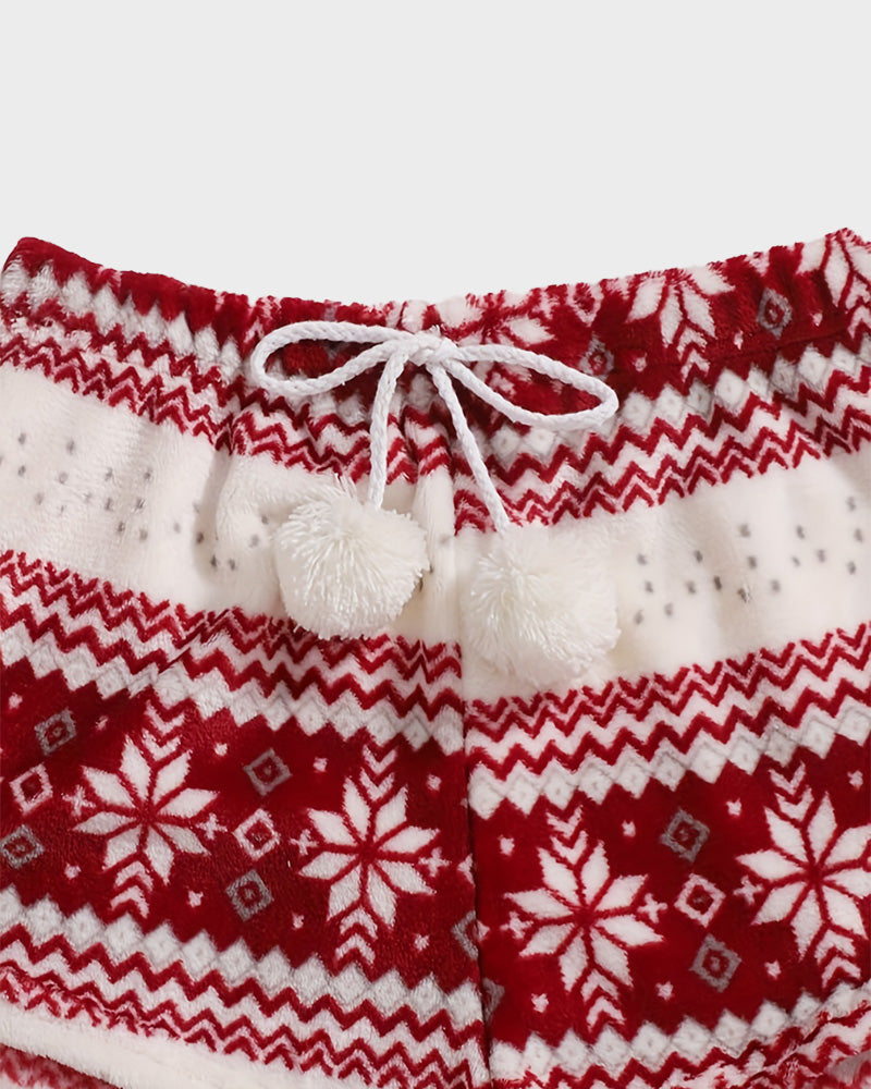 Cozy Festive Coral Fleece Long Sleeve Top & Shorts Set for Holiday Lounging