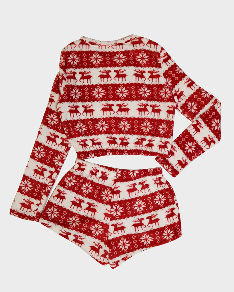 Cozy Festive Coral Fleece Long Sleeve Top & Shorts Set for Holiday Lounging