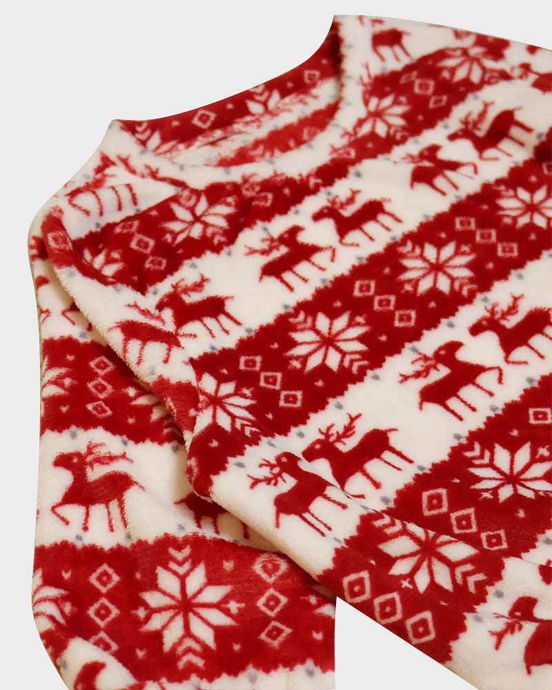 Cozy Festive Coral Fleece Long Sleeve Top & Shorts Set for Holiday Lounging