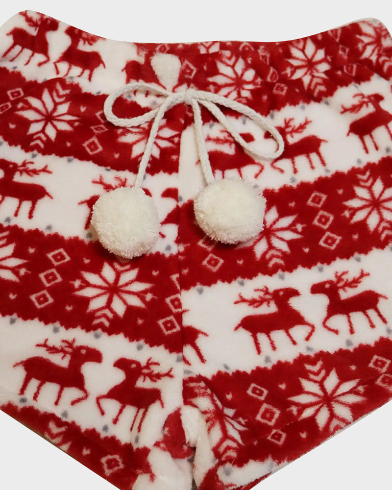 Cozy Festive Coral Fleece Long Sleeve Top & Shorts Set for Holiday Lounging