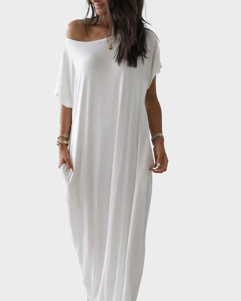 Women's Relaxed Off-Shoulder Batwing Sleeve Maxi Lounge Dress - Soft & Chic