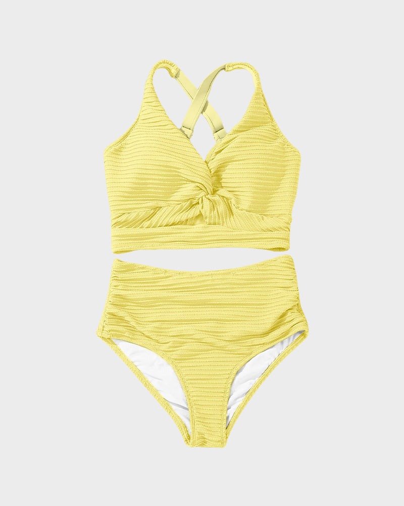 Chic Textured Knot-Front High-Waisted Bikini Set for Women